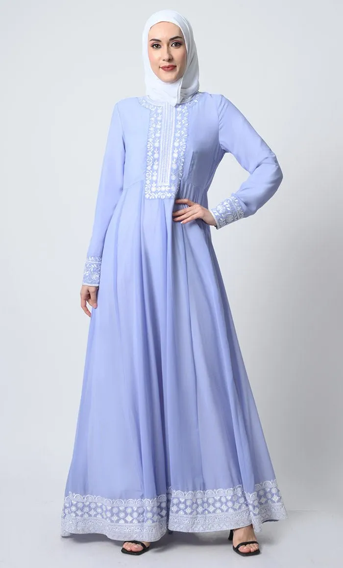 Anarkali Georgette Abaya – Embroidered Front, Pleated Waist, Lined Design