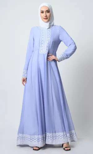 Anarkali Georgette Abaya – Embroidered Front, Pleated Waist, Lined Design