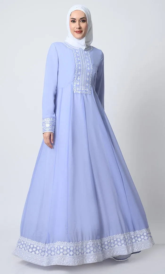 Anarkali Georgette Abaya – Embroidered Front, Pleated Waist, Lined Design