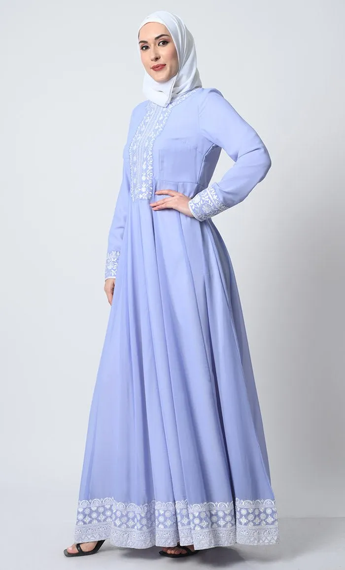 Anarkali Georgette Abaya – Embroidered Front, Pleated Waist, Lined Design