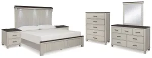 Darborn California King Panel Bed with Mirrored Dresser, Chest and 2 Nightstands in Gray/Brown