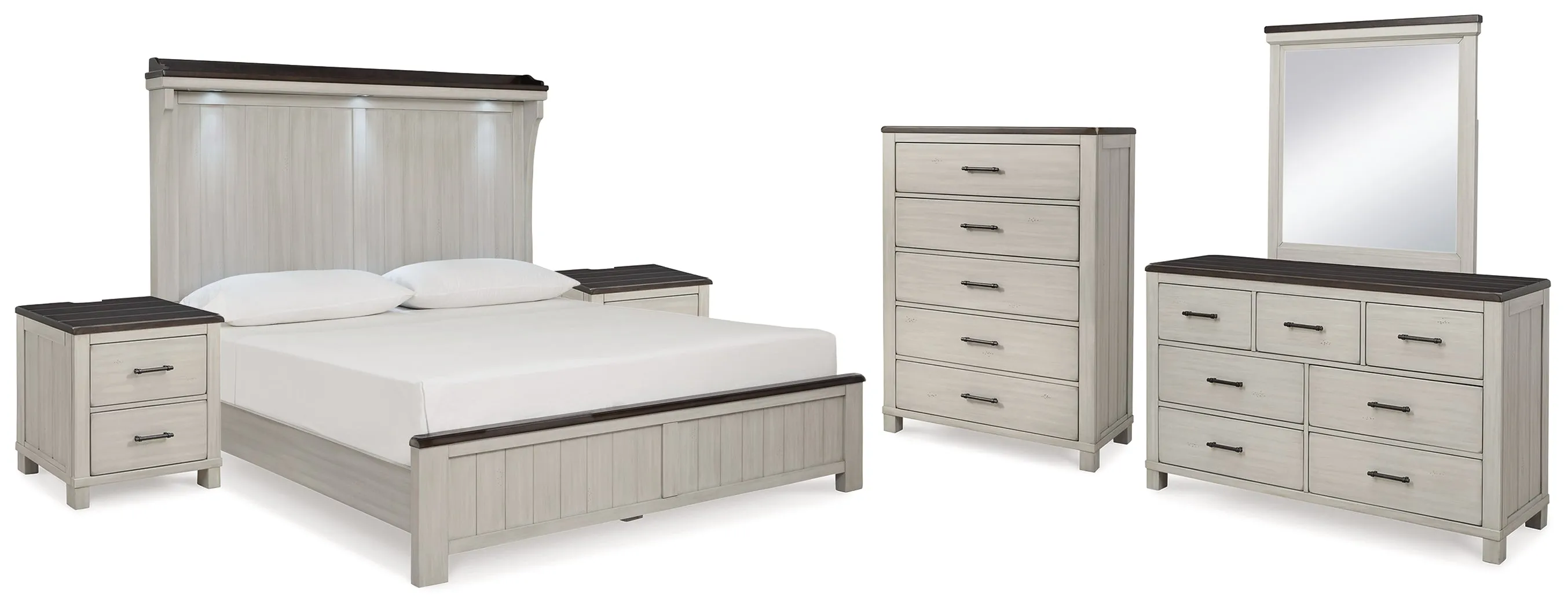Darborn California King Panel Bed with Mirrored Dresser, Chest and 2 Nightstands in Gray/Brown