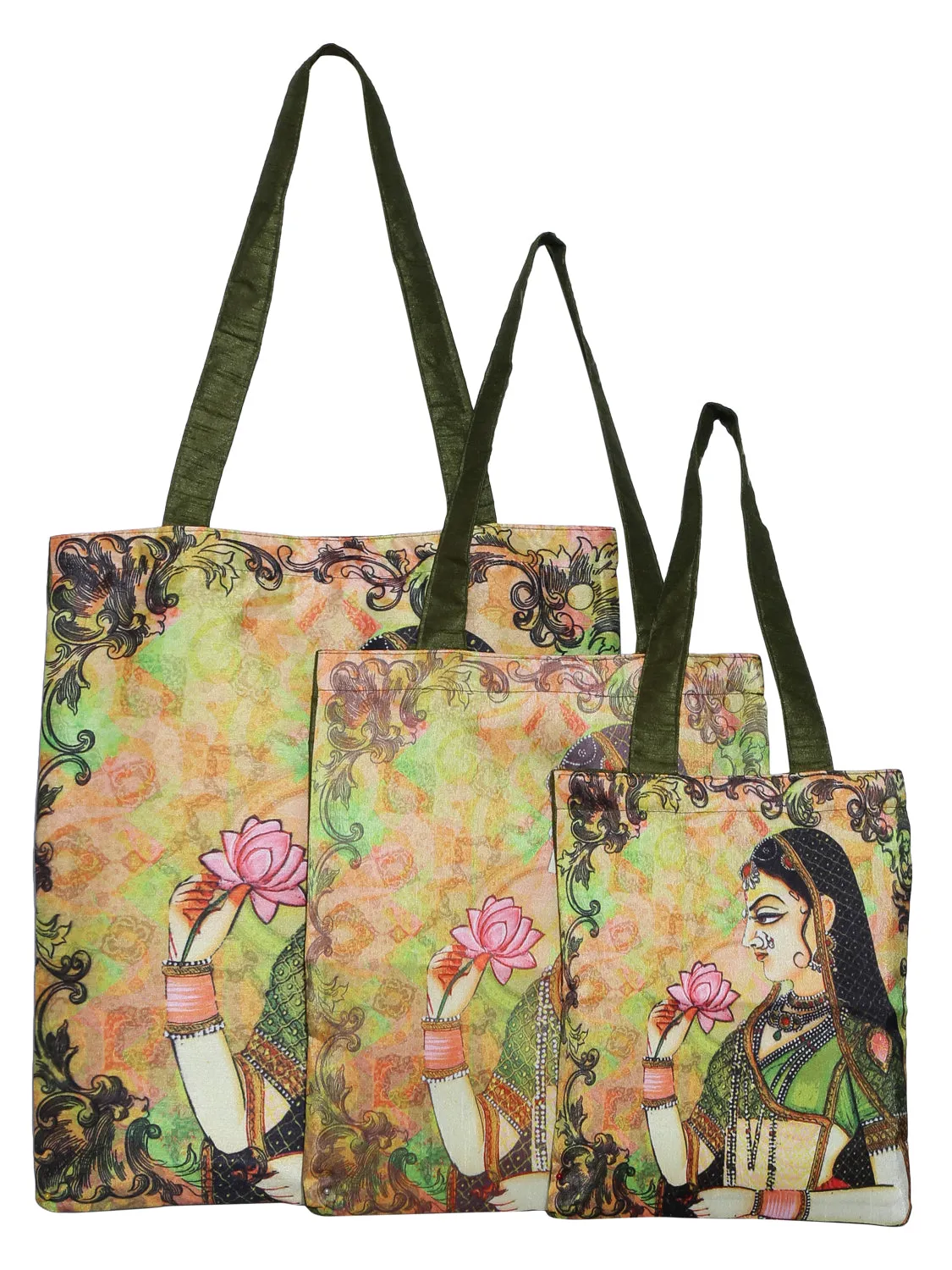 Digitally Printed Shopping Bag Tote Set Of 3 Small Medium Large Faux Silk Dupion,Queen With Flower
