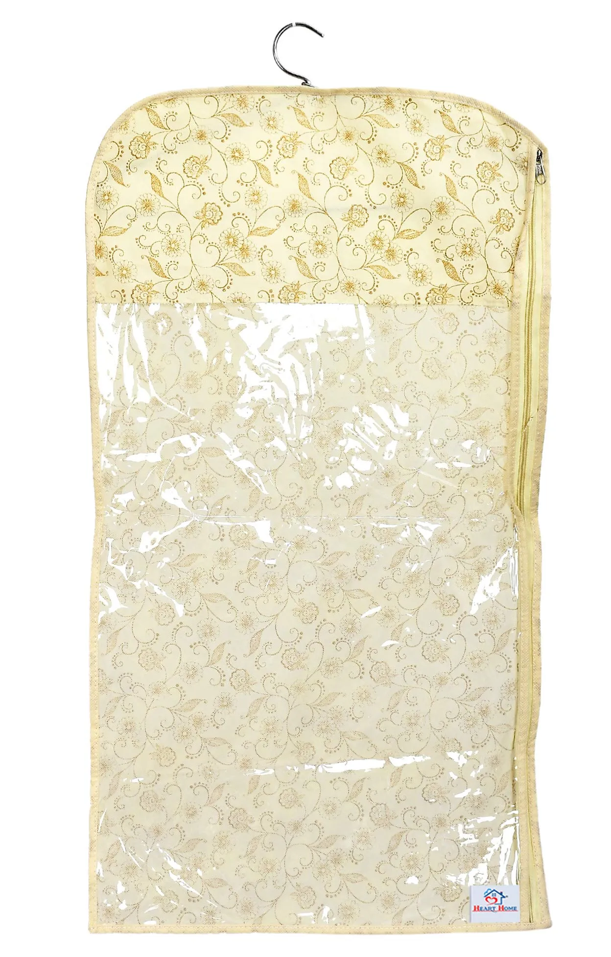 Heart Home Metalic Print Non-woven Hanging Saree Cover Wardrobe Organiser With Hanger (Gold)-Pack of 6-KUBMART15521
