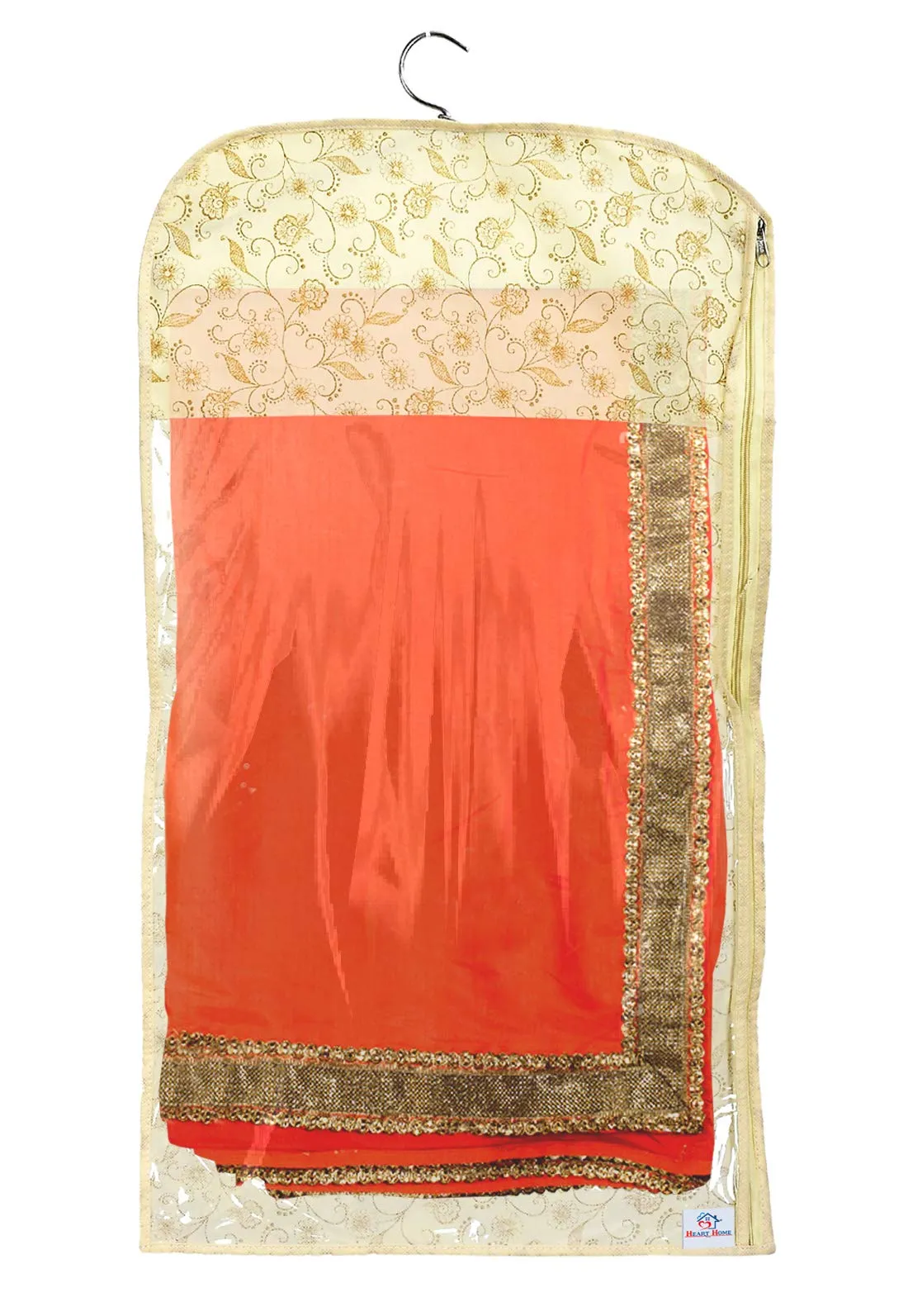 Heart Home Metalic Print Non-woven Hanging Saree Cover Wardrobe Organiser With Hanger (Gold)-Pack of 6-KUBMART15521