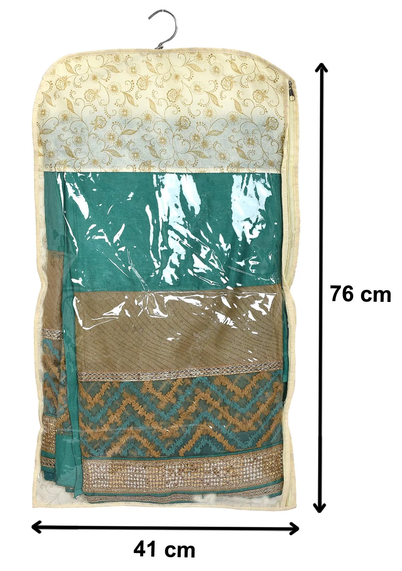 Heart Home Metalic Print Non-woven Hanging Saree Cover Wardrobe Organiser With Hanger (Gold)-Pack of 6-KUBMART15521