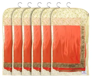 Heart Home Metalic Print Non-woven Hanging Saree Cover Wardrobe Organiser With Hanger (Gold)-Pack of 6-KUBMART15521