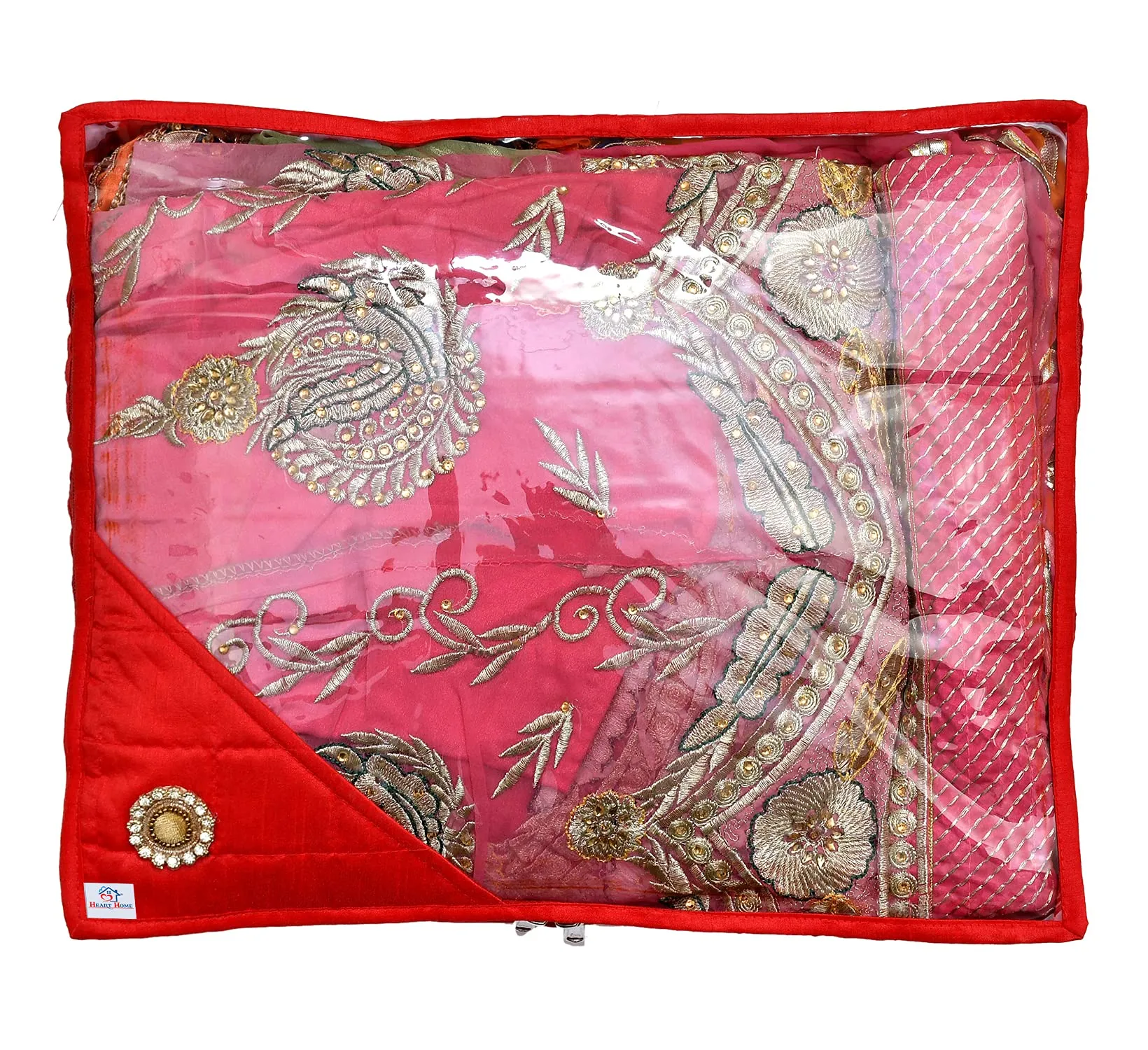 Heart Home Non Woven 3" inch Foldable, Lightweigth Saree Cover/Clothes Organiser For Wardrobe With Transparent Top- Pack of 4 (Red)-HS_38_HEARTH21627