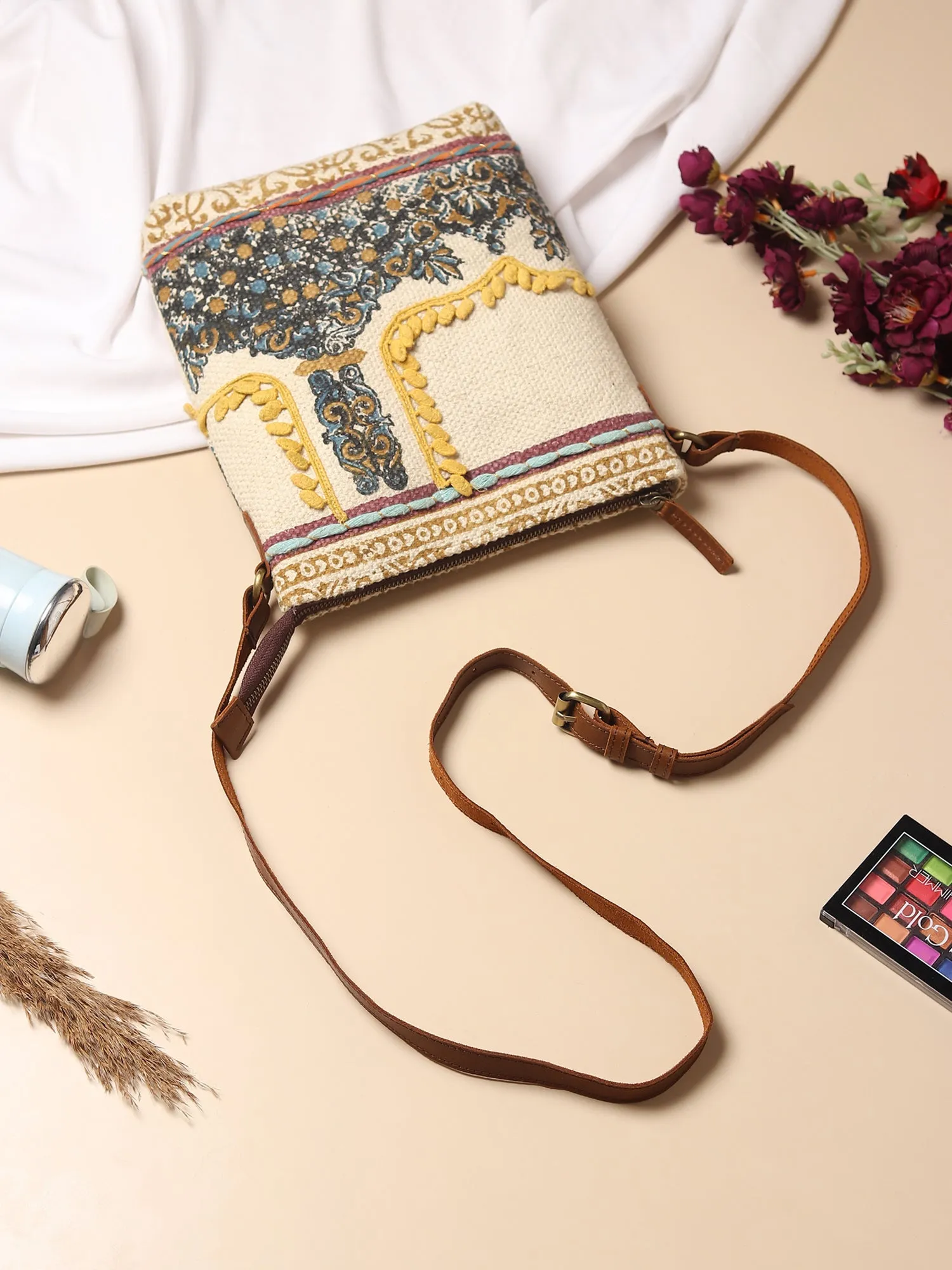 IFAION - COTTON PRINTED & LEATHER SLING BAG