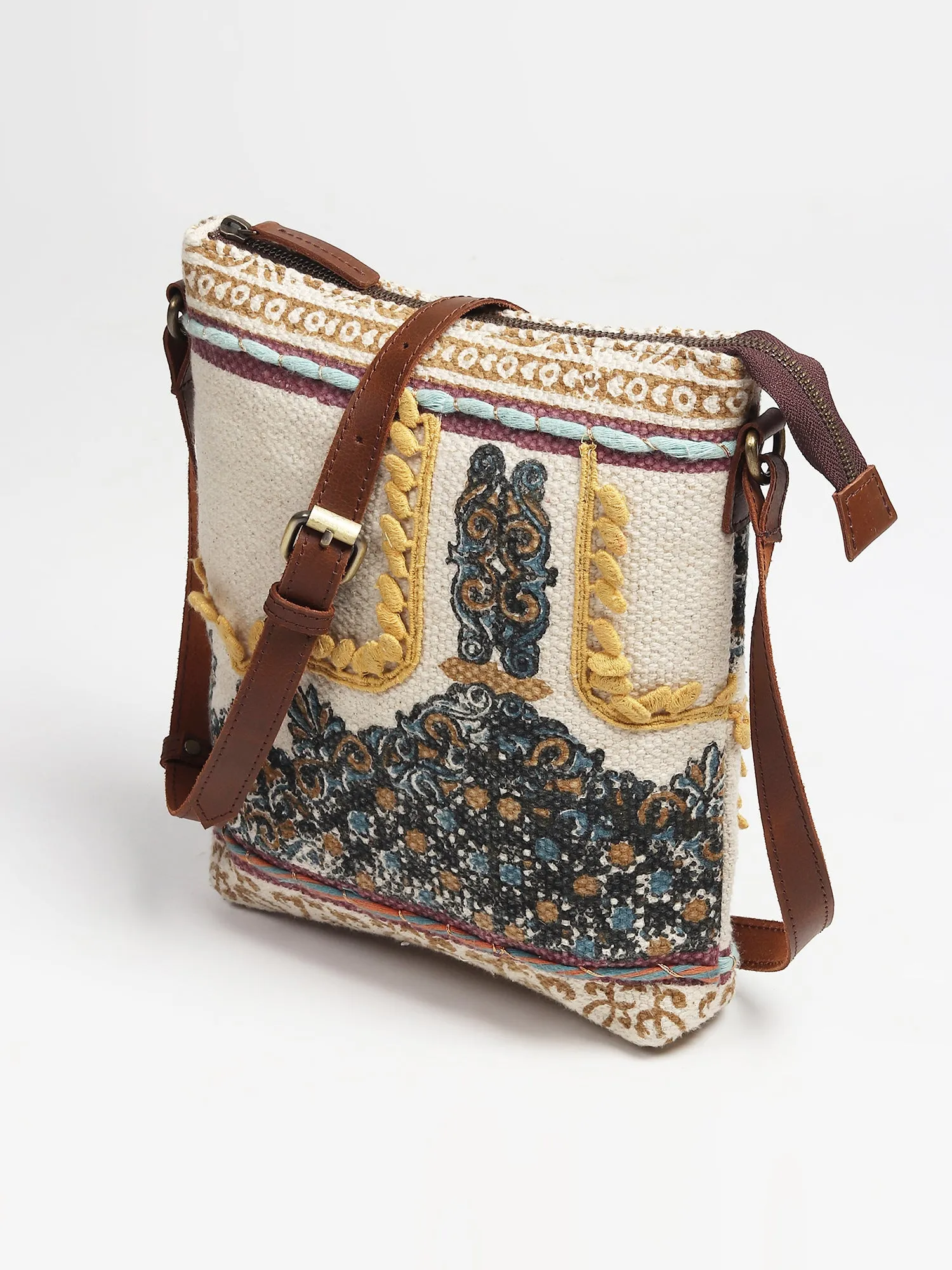 IFAION - COTTON PRINTED & LEATHER SLING BAG