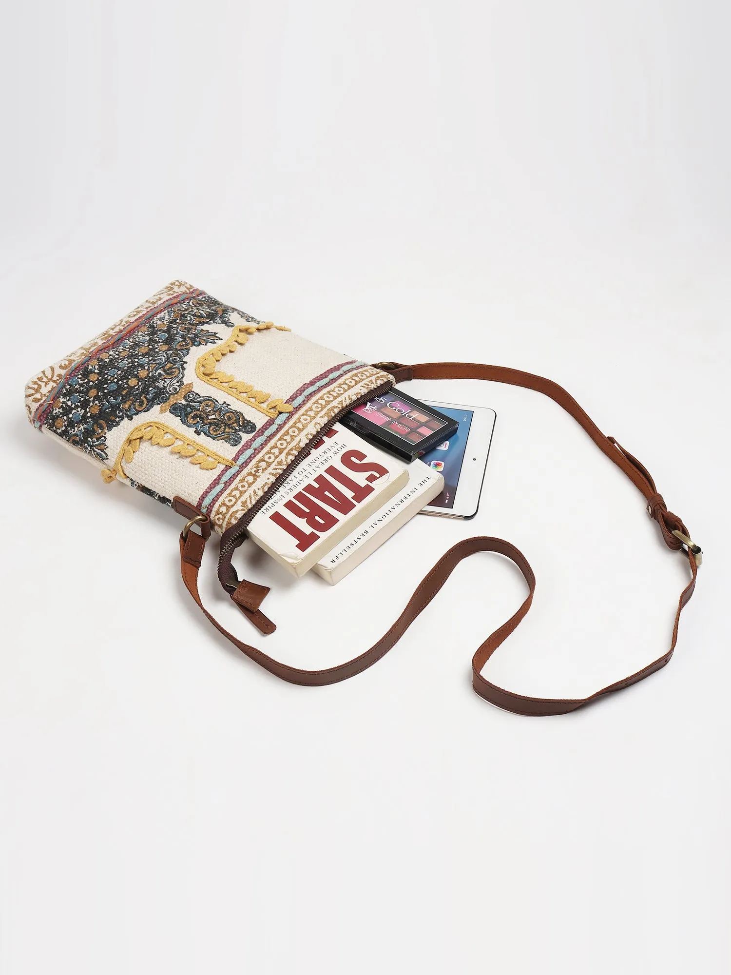 IFAION - COTTON PRINTED & LEATHER SLING BAG