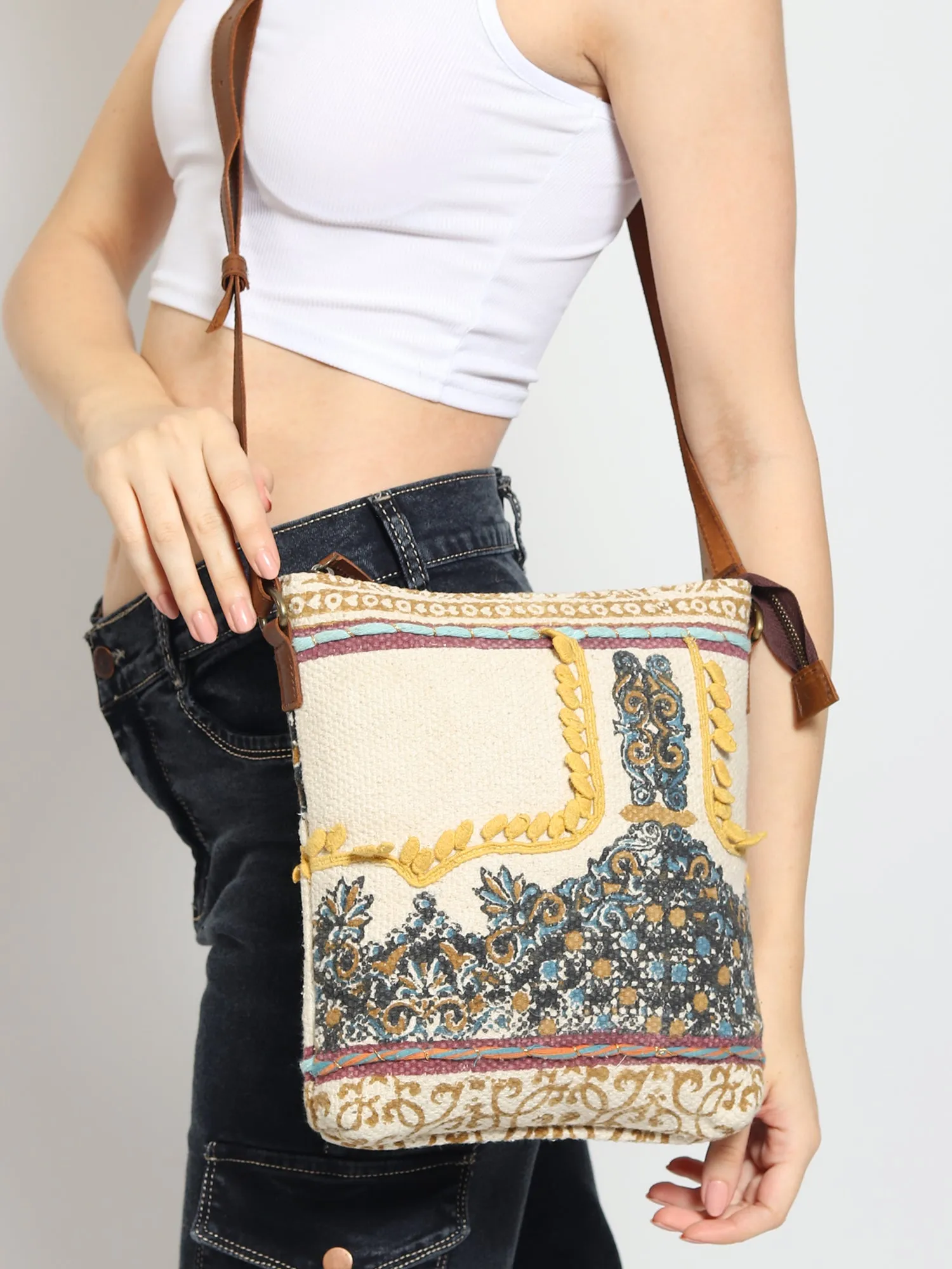 IFAION - COTTON PRINTED & LEATHER SLING BAG