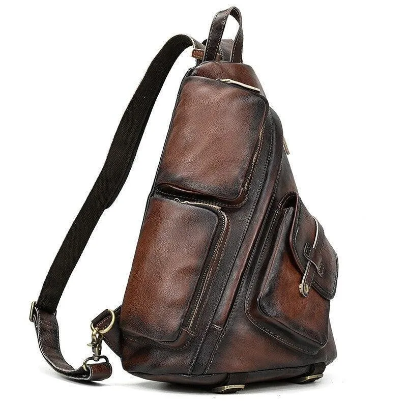 Mens Genuine Leather Single Shoulder Backpack Anti-Theft...