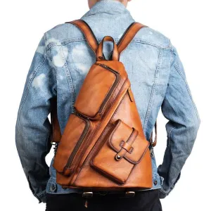 Mens Genuine Leather Single Shoulder Backpack Anti-Theft...