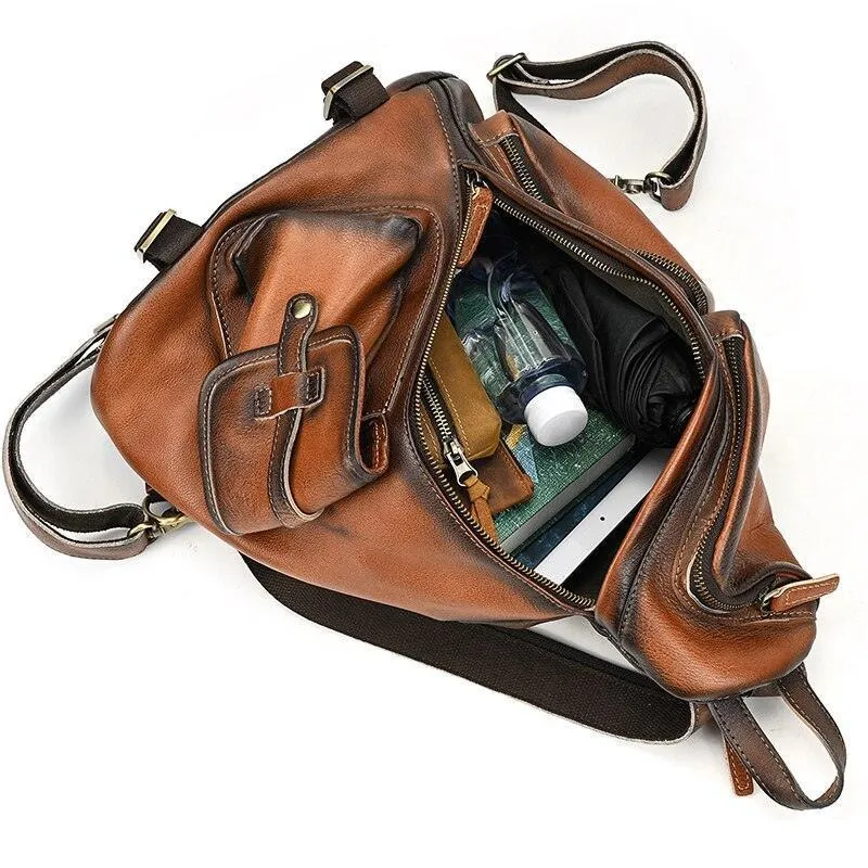 Mens Genuine Leather Single Shoulder Backpack Anti-Theft...