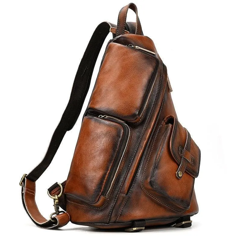 Mens Genuine Leather Single Shoulder Backpack Anti-Theft...