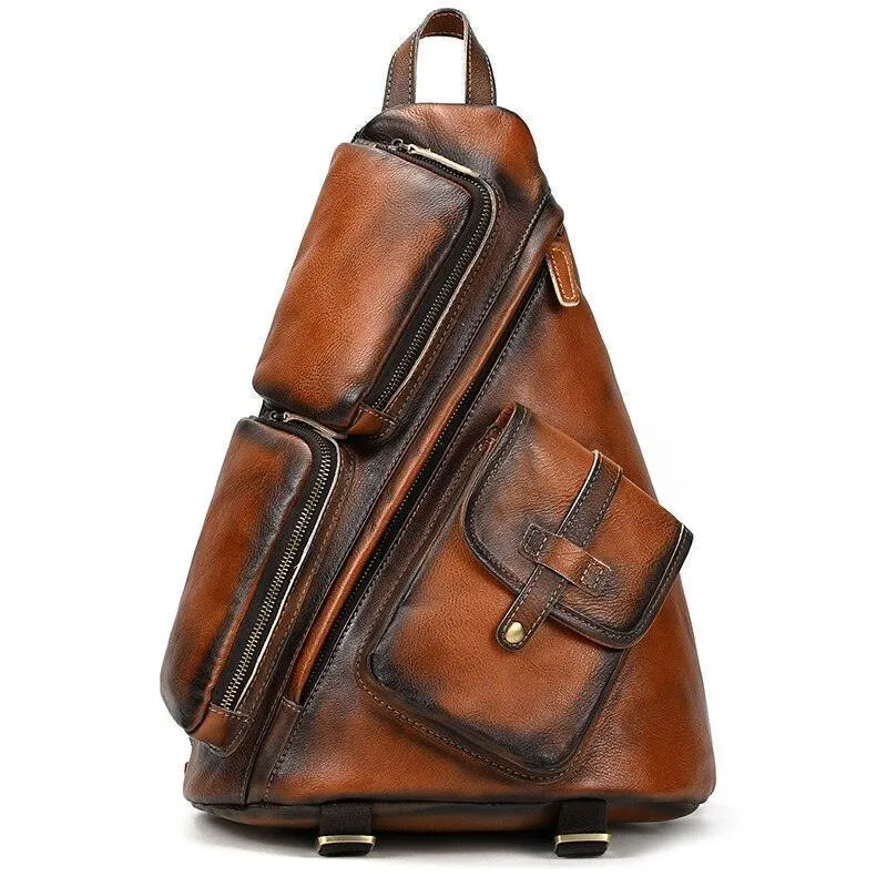 Mens Genuine Leather Single Shoulder Backpack Anti-Theft...