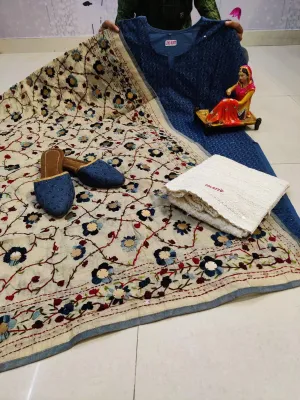 Navy Blue Pure Cotton Phulkari Suit with Beautiful Handmade Mirror Work Shopping Online