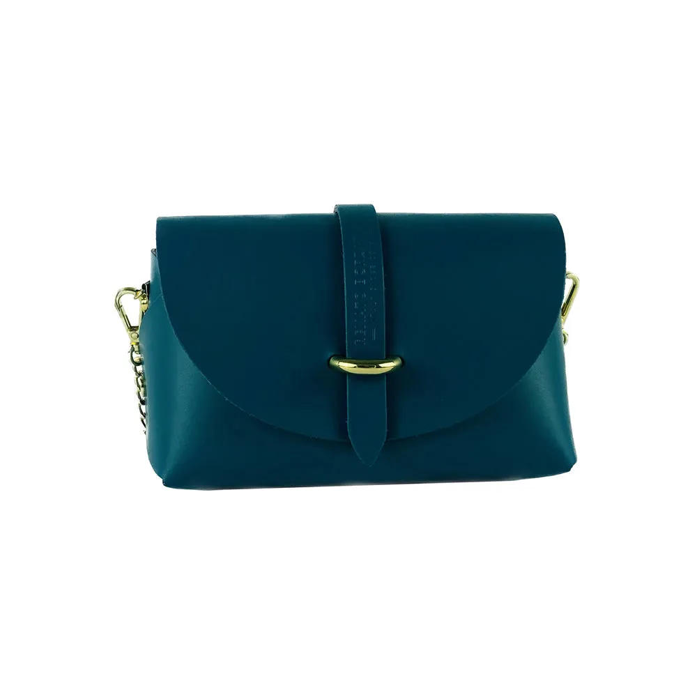 RB1001BZ | Small bag with removable shoulder strap and shiny gold metal closure loop - Teal color