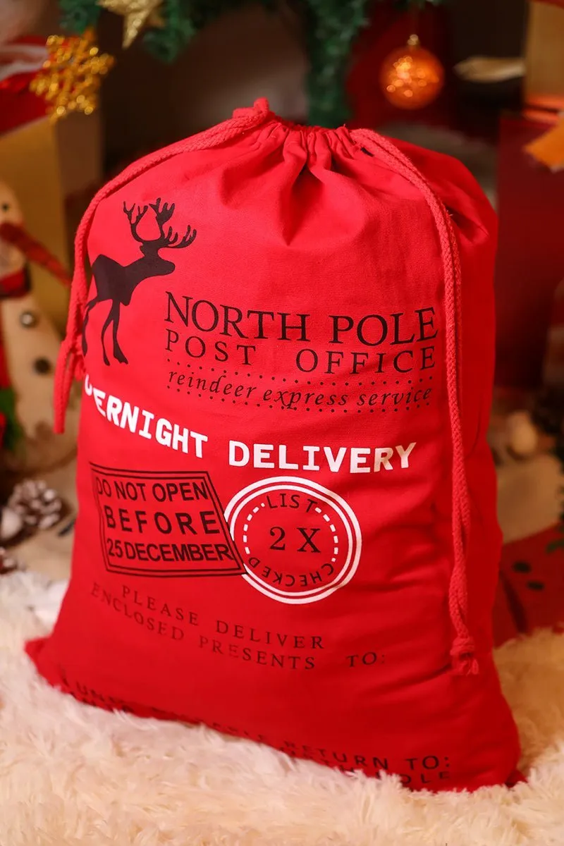 Red North Pole Post Office Linen Gift Bag