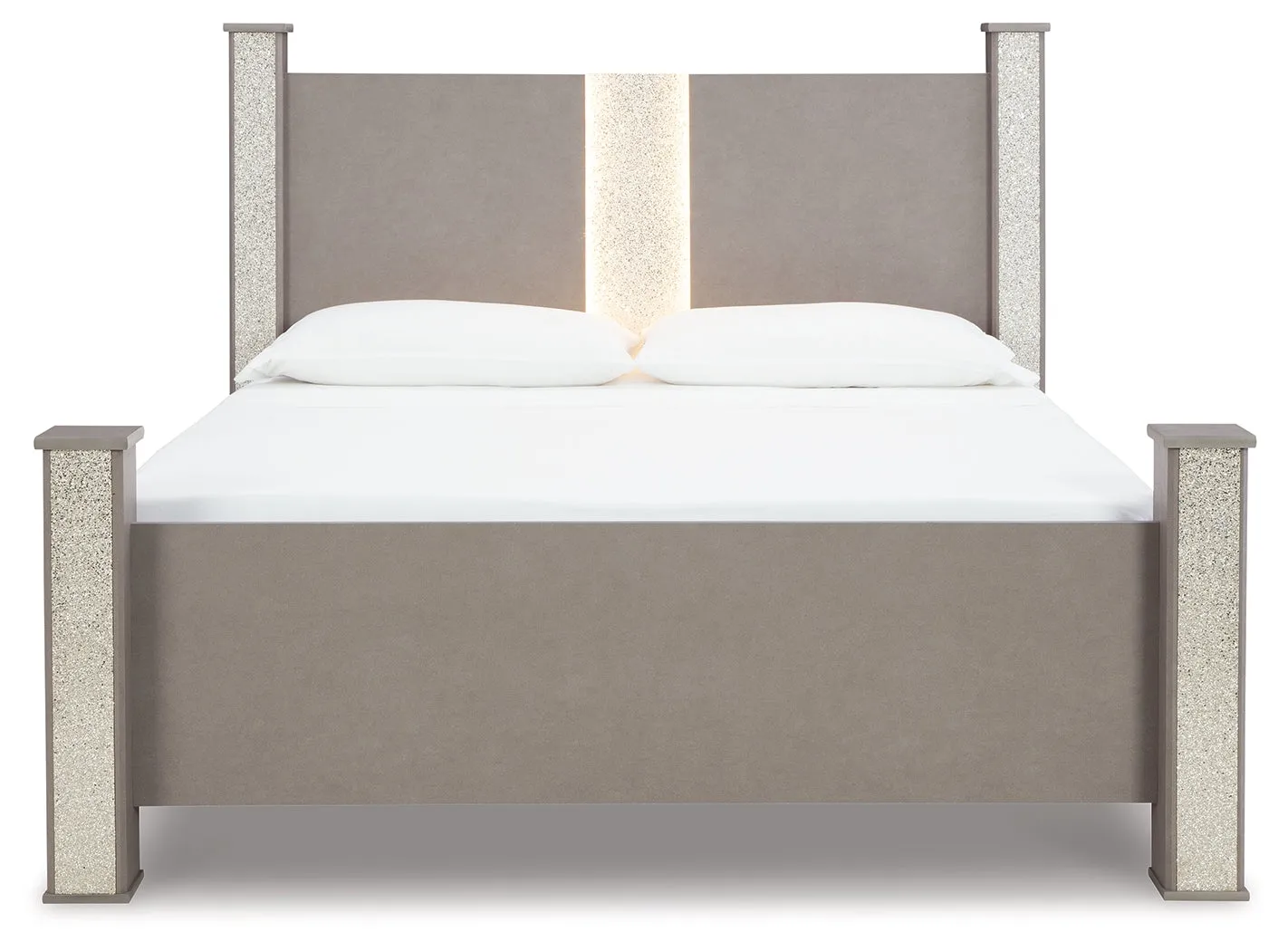 Surancha King Poster Bed with Mirrored Dresser, Chest and 2 Nightstands in Gray