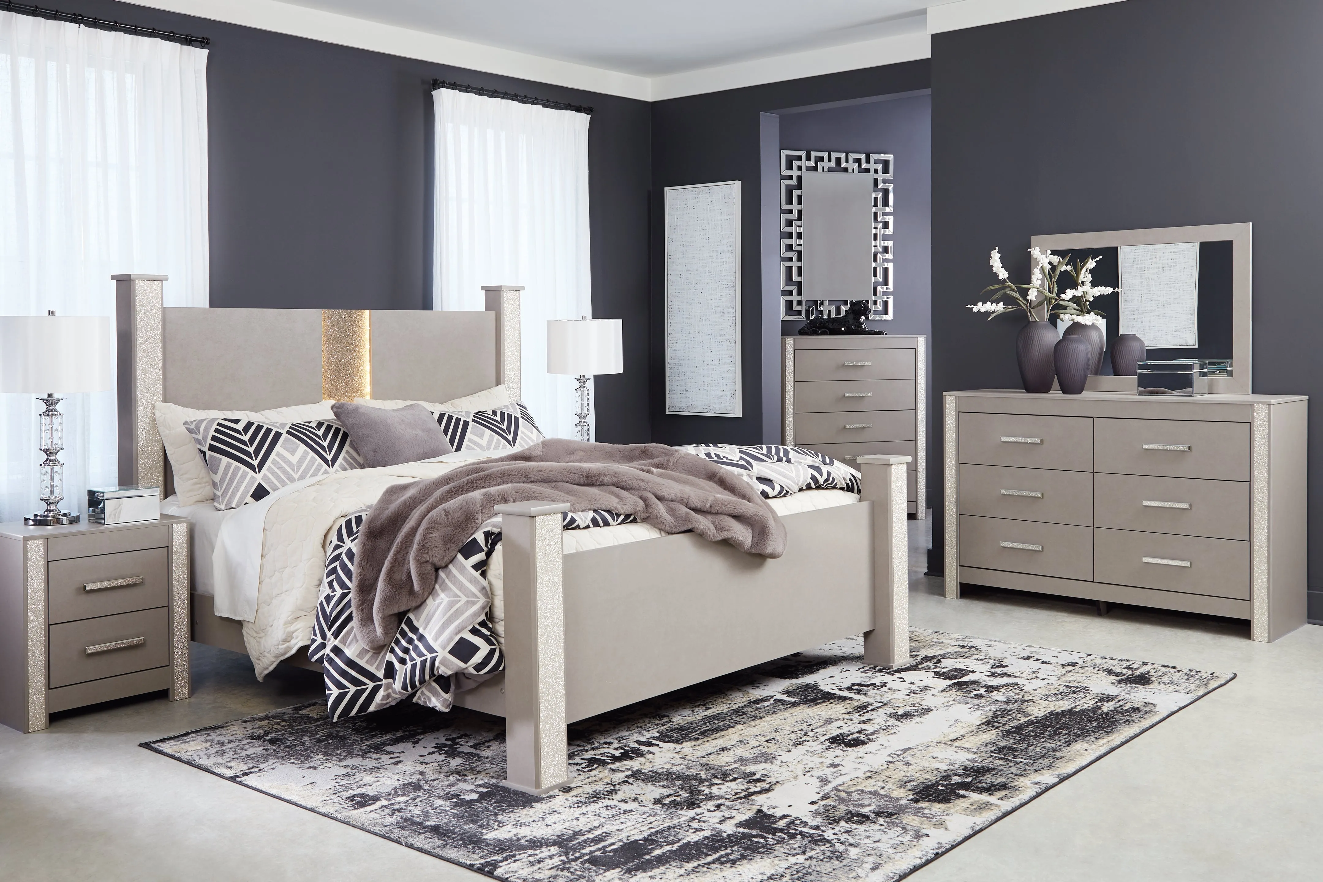 Surancha King Poster Bed with Mirrored Dresser, Chest and 2 Nightstands in Gray