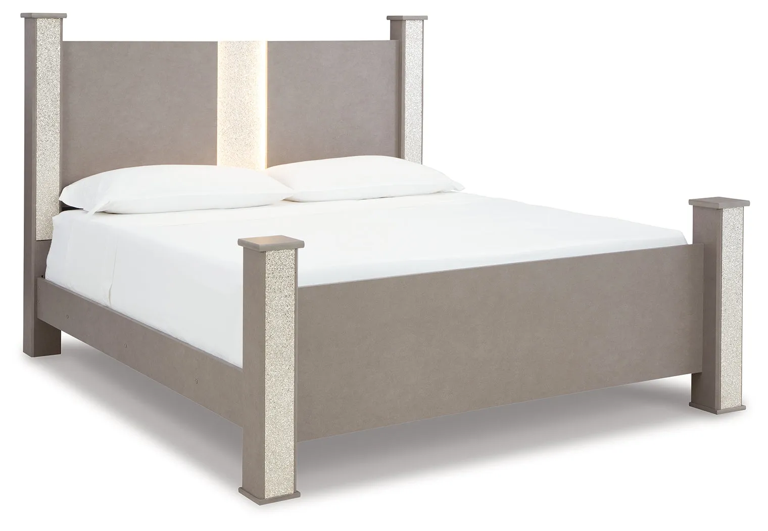 Surancha King Poster Bed with Mirrored Dresser, Chest and 2 Nightstands in Gray