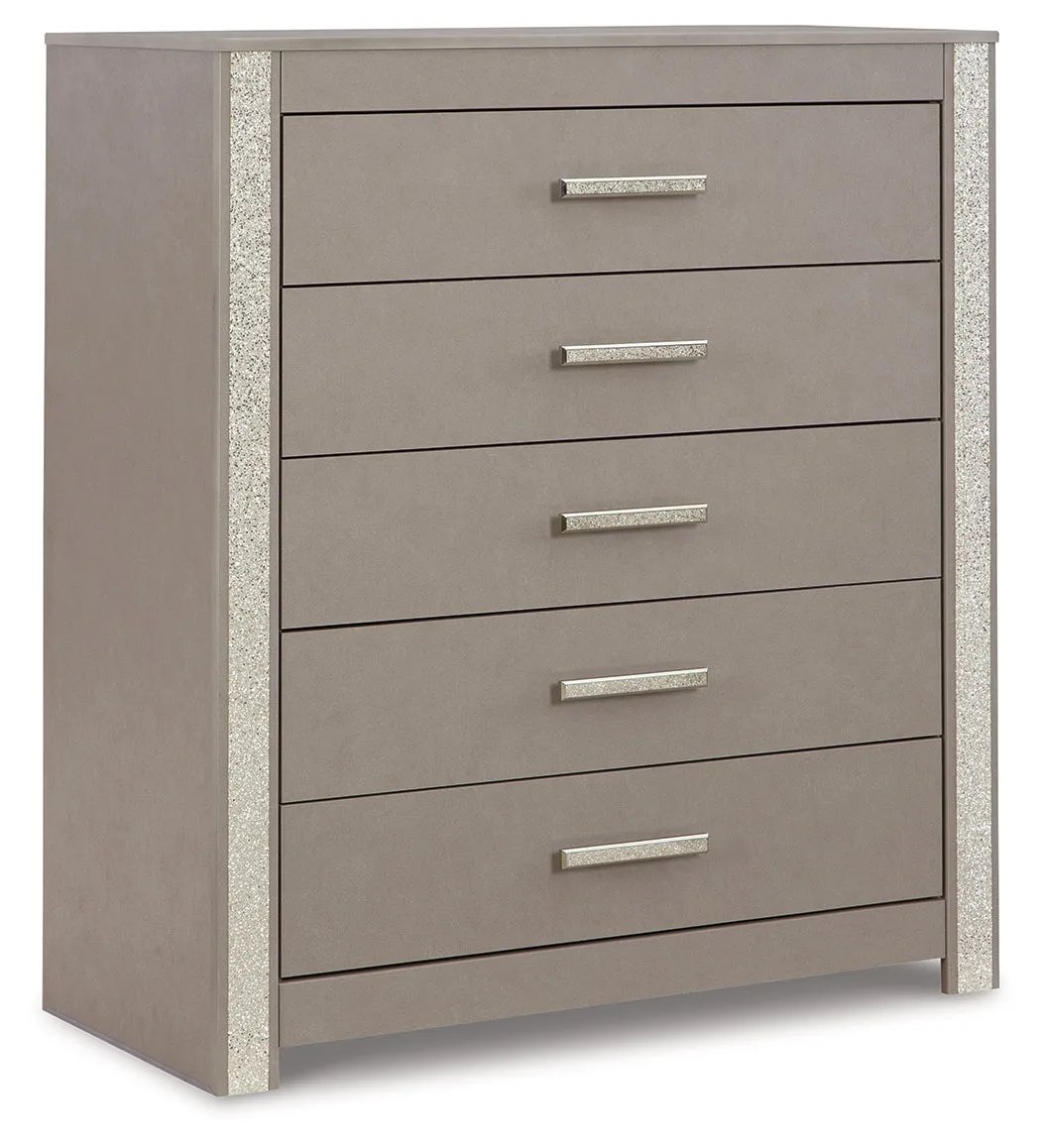 Surancha King Poster Bed with Mirrored Dresser, Chest and 2 Nightstands in Gray