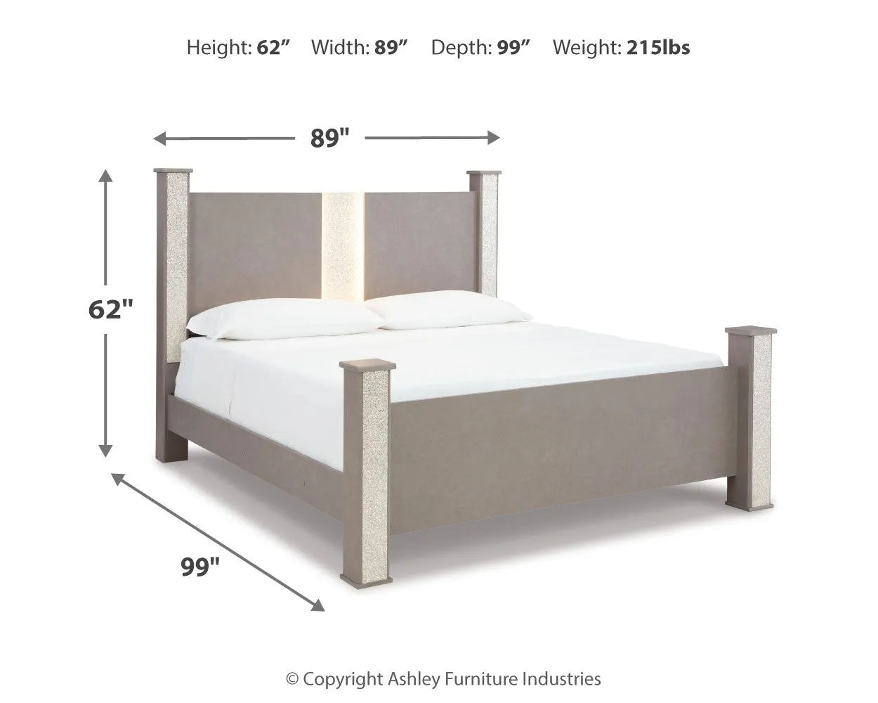 Surancha King Poster Bed with Mirrored Dresser, Chest and 2 Nightstands in Gray