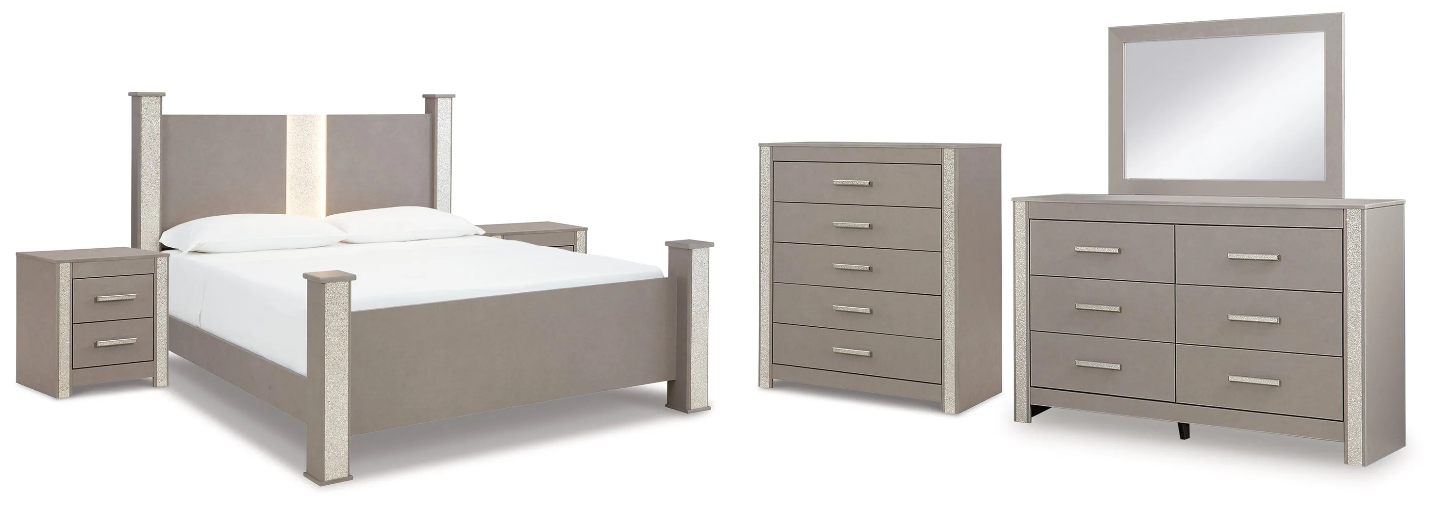 Surancha King Poster Bed with Mirrored Dresser, Chest and 2 Nightstands in Gray