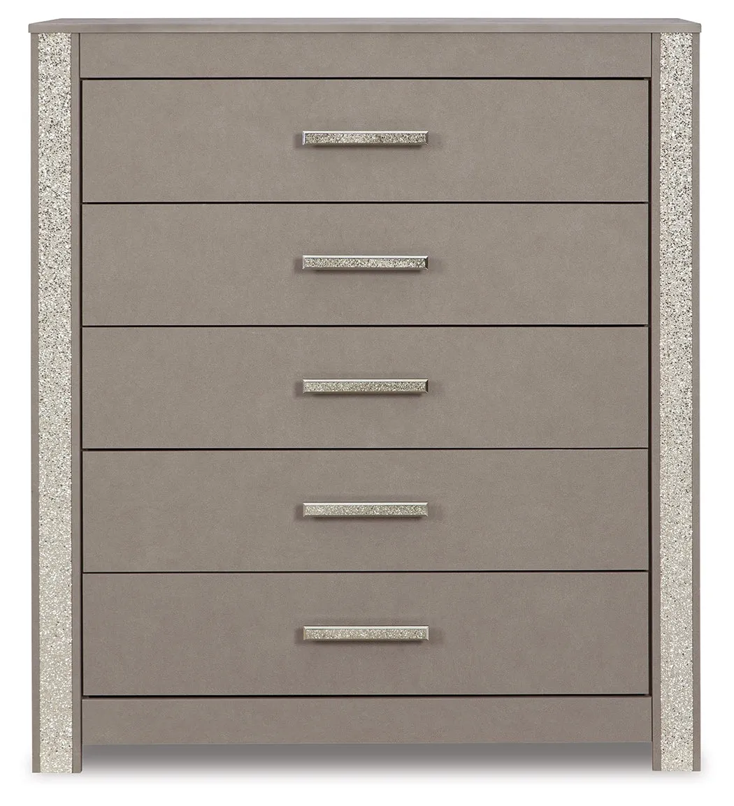 Surancha King Poster Bed with Mirrored Dresser, Chest and 2 Nightstands in Gray