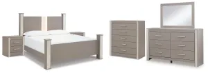 Surancha King Poster Bed with Mirrored Dresser, Chest and 2 Nightstands in Gray