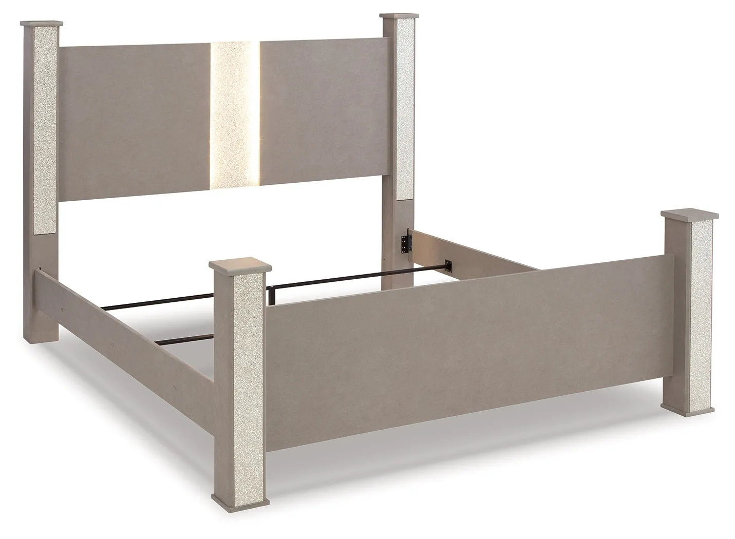 Surancha King Poster Bed with Mirrored Dresser, Chest and 2 Nightstands in Gray