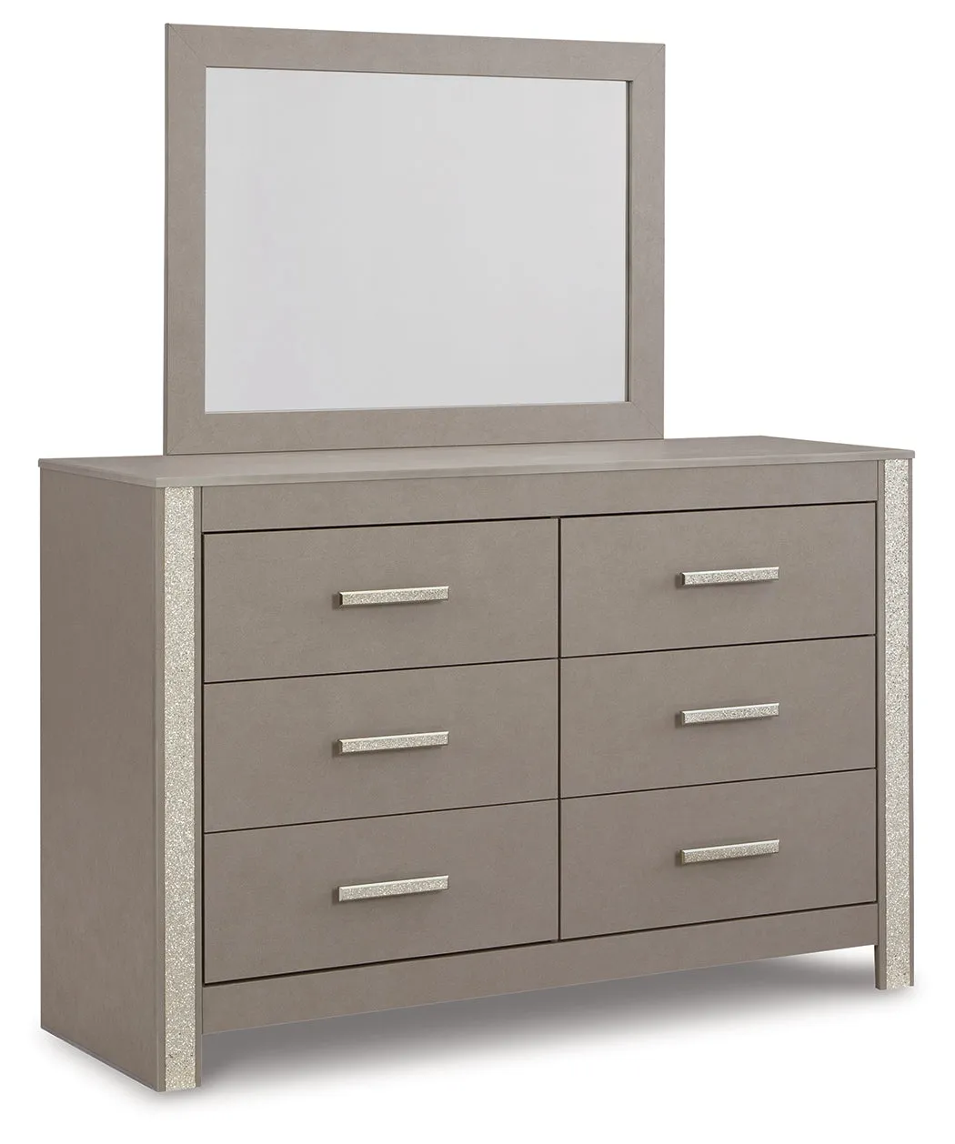 Surancha King Poster Bed with Mirrored Dresser, Chest and 2 Nightstands in Gray