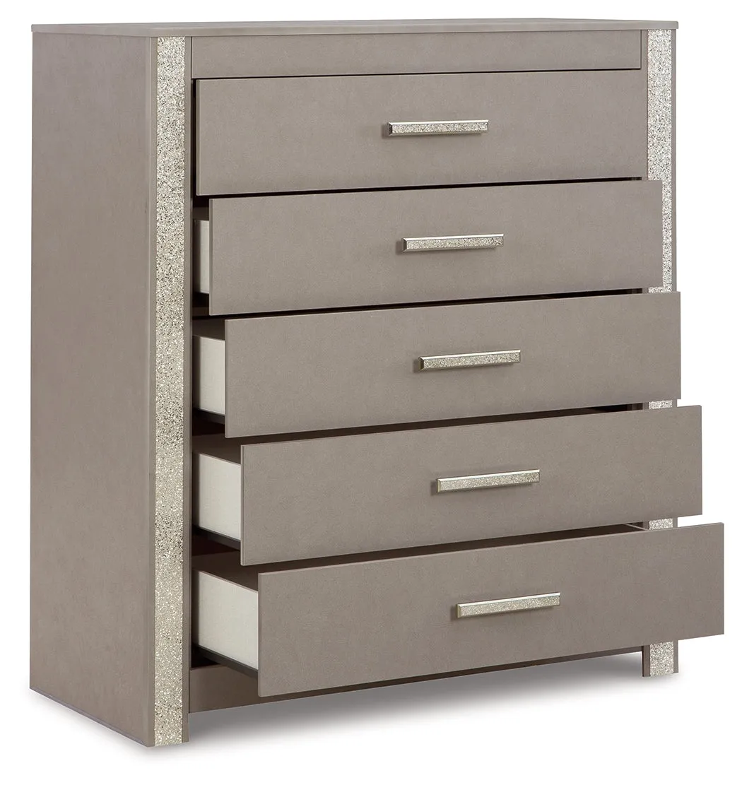 Surancha King Poster Bed with Mirrored Dresser, Chest and 2 Nightstands in Gray