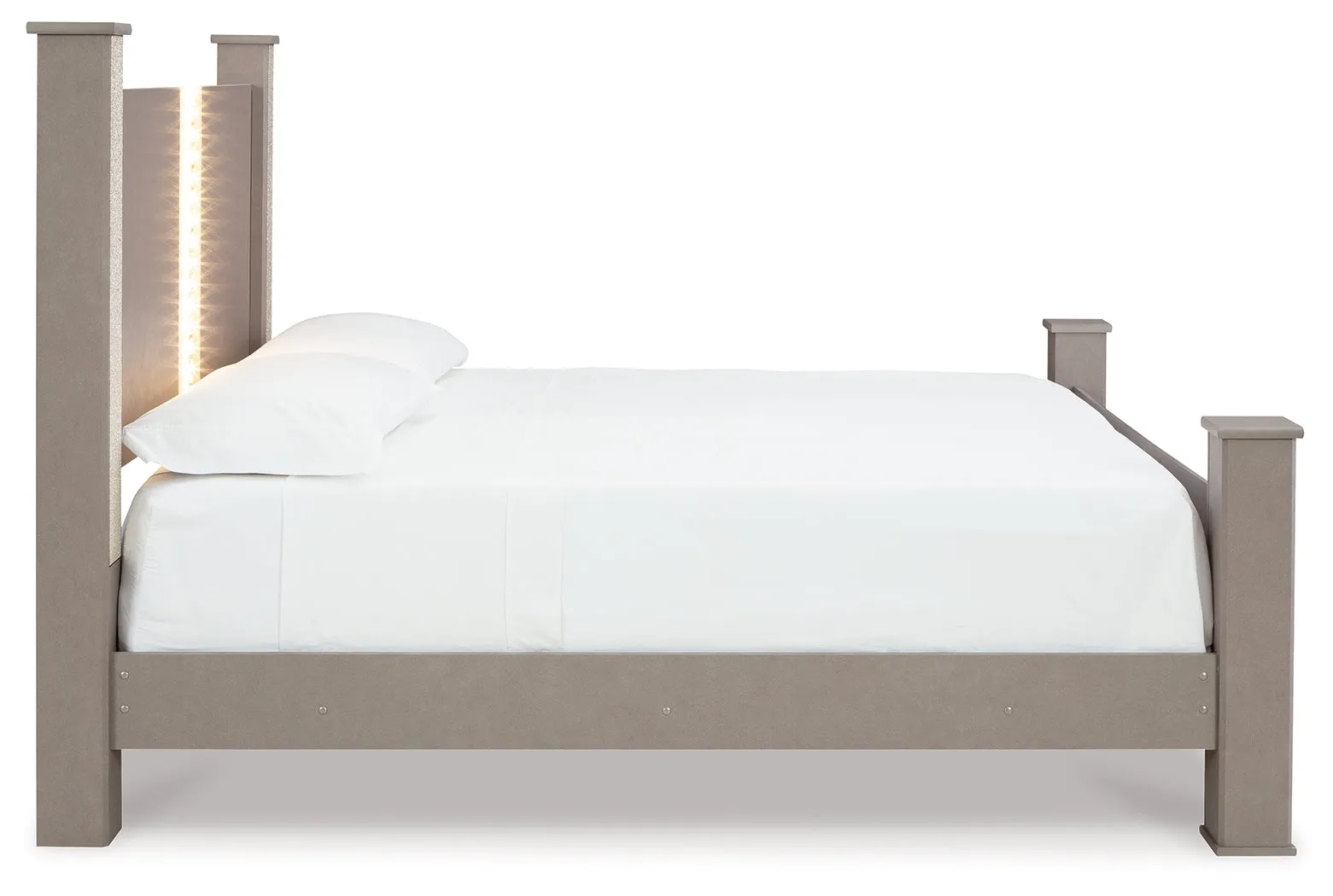 Surancha King Poster Bed with Mirrored Dresser, Chest and 2 Nightstands in Gray