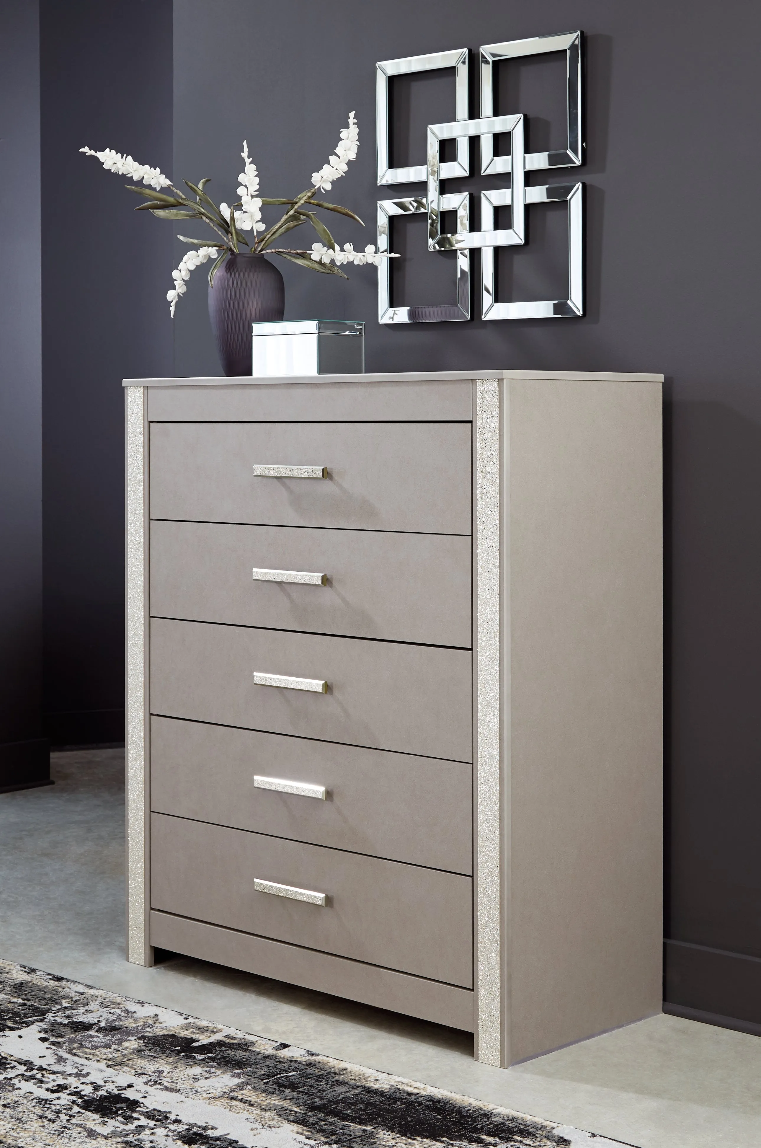 Surancha King Poster Bed with Mirrored Dresser, Chest and 2 Nightstands in Gray