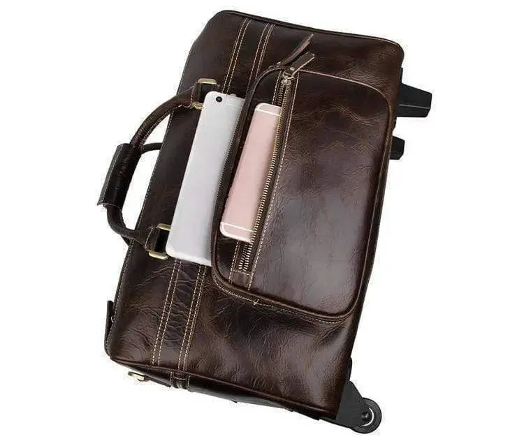 Vintage Brown Leather Wheeled Luggage Trolley Bags