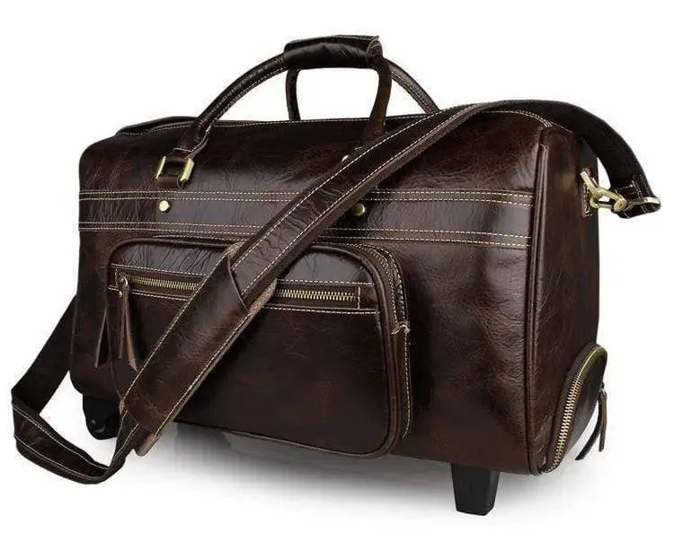 Vintage Brown Leather Wheeled Luggage Trolley Bags