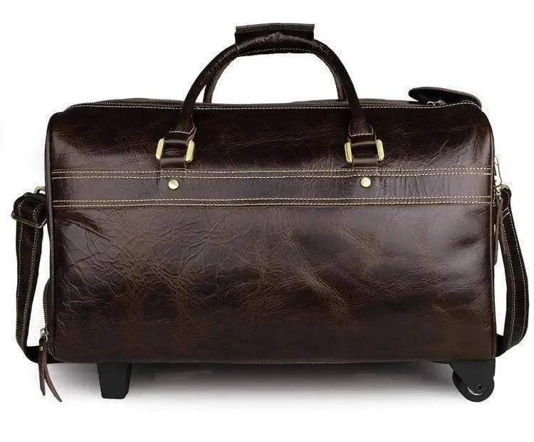 Vintage Brown Leather Wheeled Luggage Trolley Bags