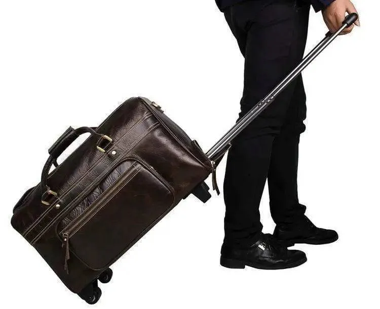 Vintage Brown Leather Wheeled Luggage Trolley Bags