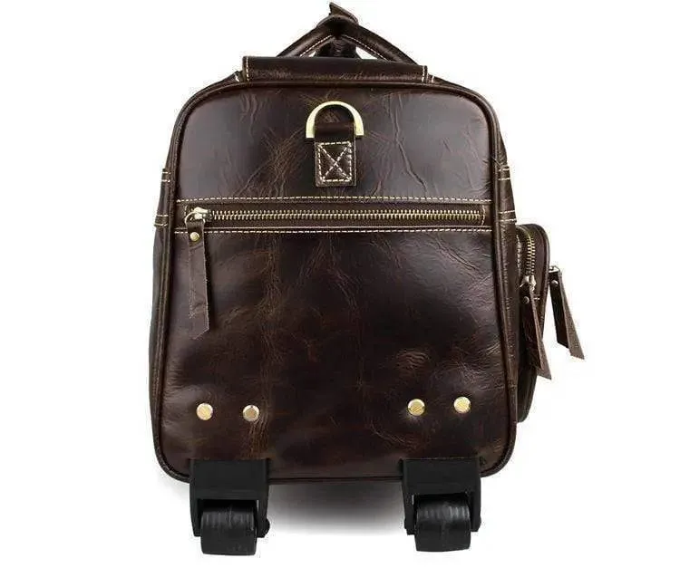 Vintage Brown Leather Wheeled Luggage Trolley Bags