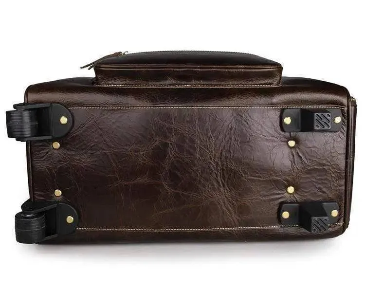 Vintage Brown Leather Wheeled Luggage Trolley Bags